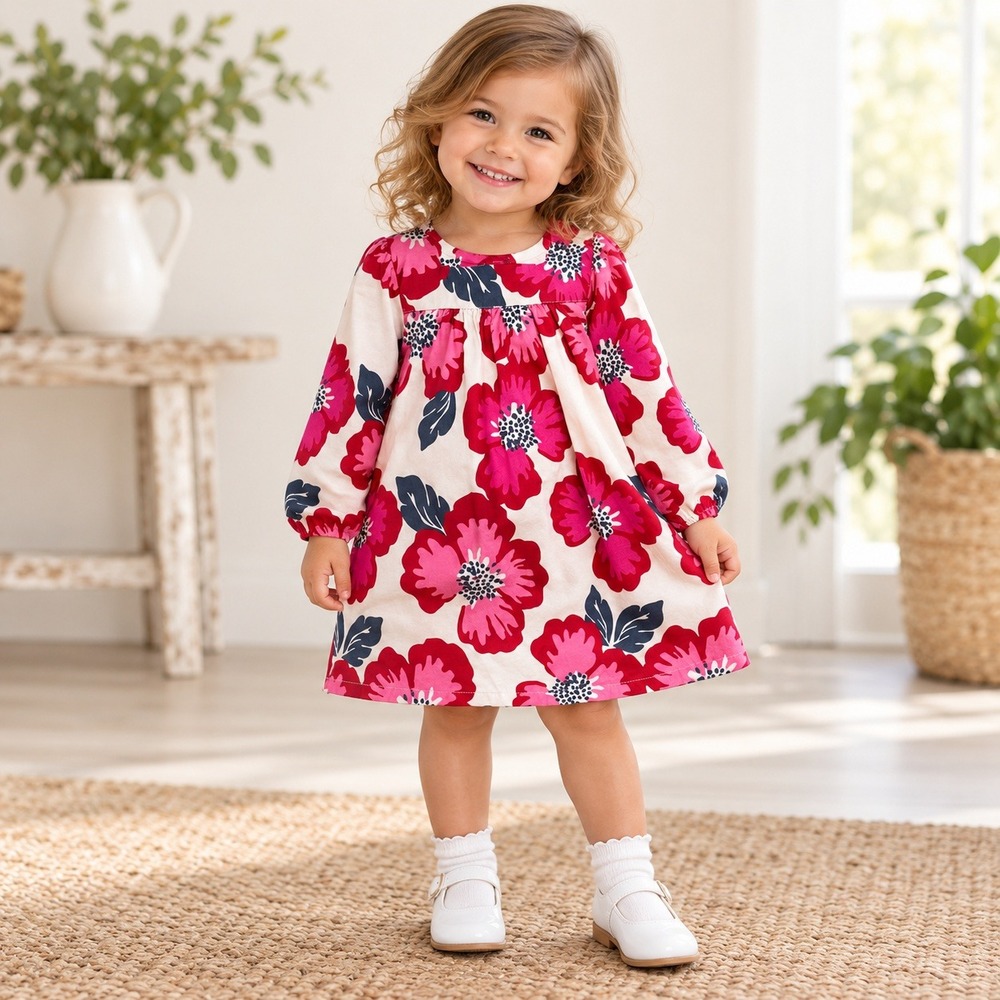 OshKosh B'gosh 2T Floral Dress 100% Cotton Long Sleeve Pink Red Toddler